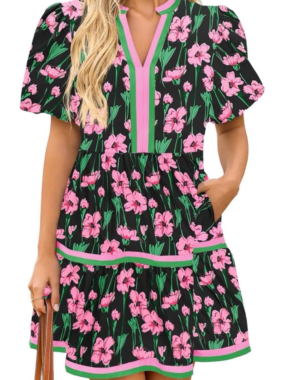 Navy Floral Babydoll Dress with Pink & Green Trim